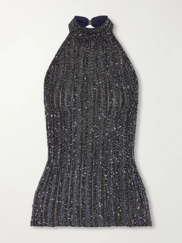 Missoni Sequin-embellished Striped Metallic Crochet-knit Halterneck Top