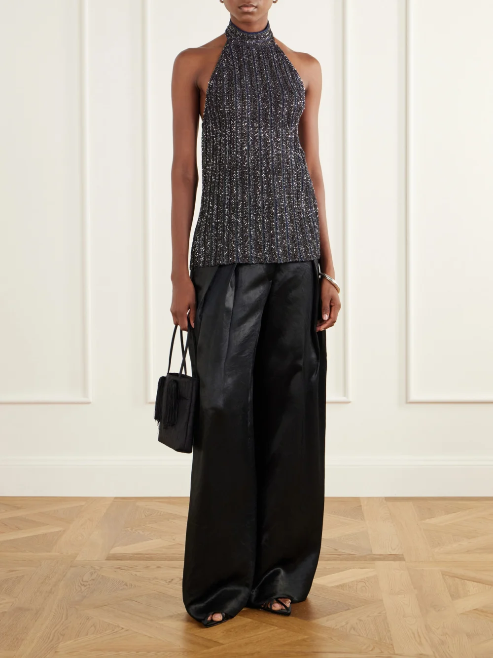 Missoni Sequin-embellished Striped Metallic Crochet-knit Halterneck Top, worn by a model