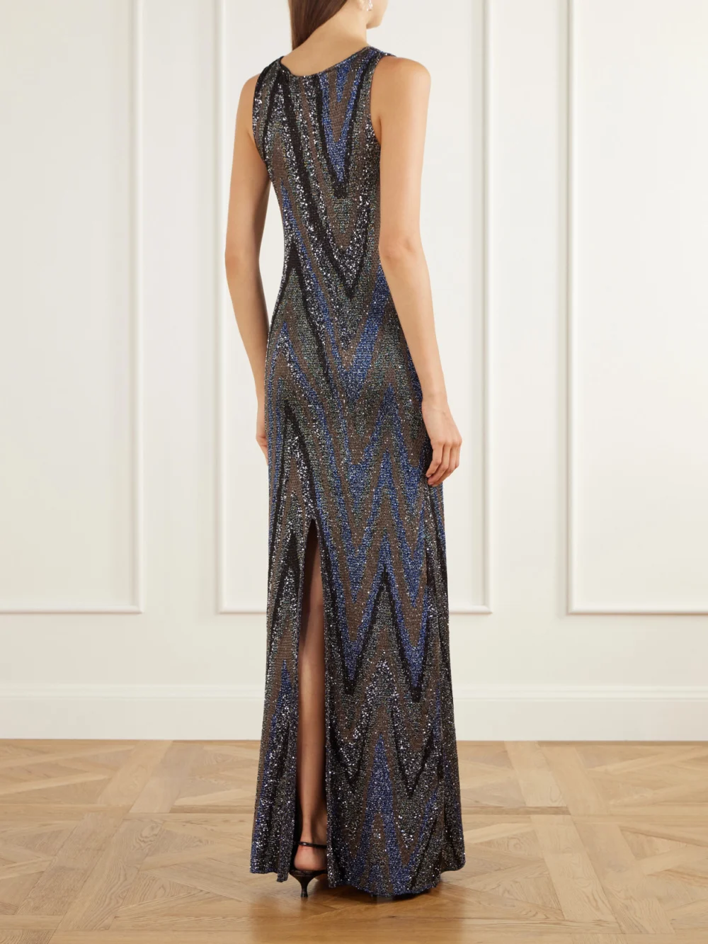 Back view of the Missoni Sequin-embellished Striped Metallic Crochet-knit Maxi Dress