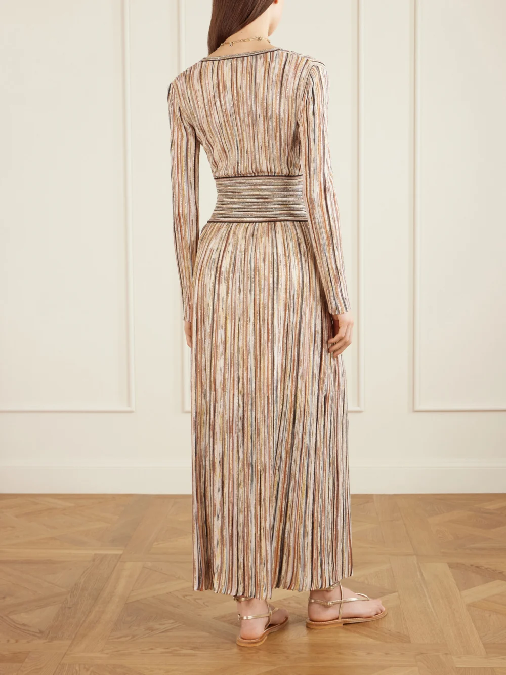 Back view of the Missoni Sequin-embellished Striped Metallic Crochet-knit Midi Dress