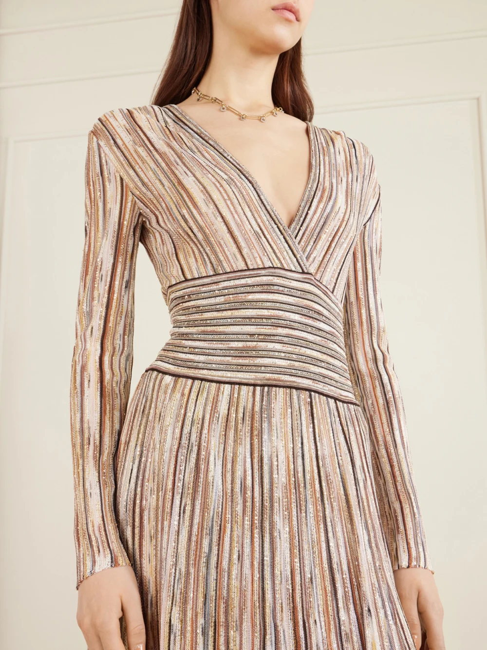 Close-up detail of the Missoni Sequin-embellished Striped Metallic Crochet-knit Midi Dress