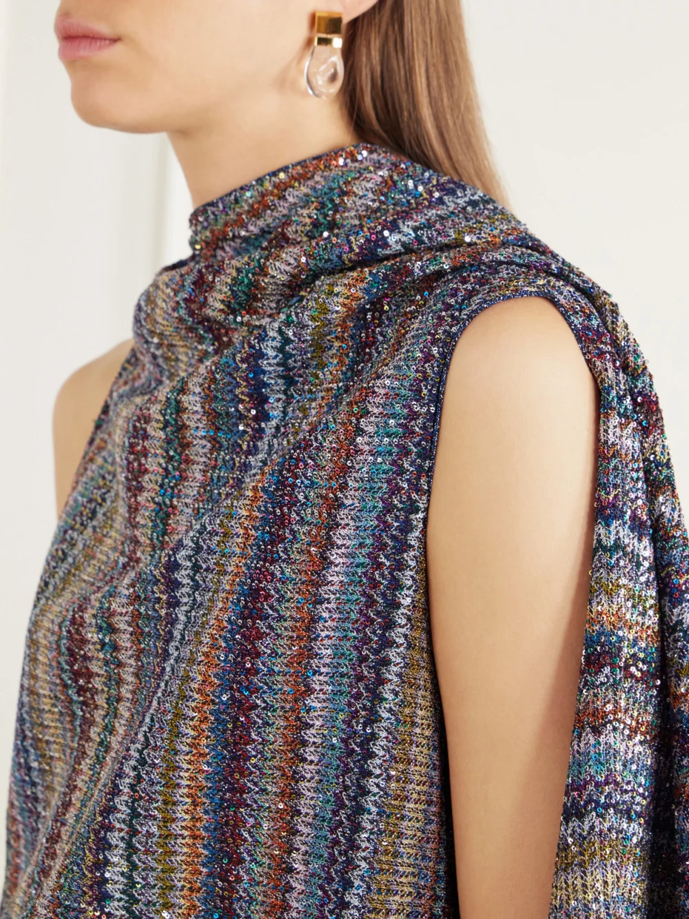 Close-up detail of the Missoni Sequin-embellished Striped Metallic Crochet-knit Mini Dress