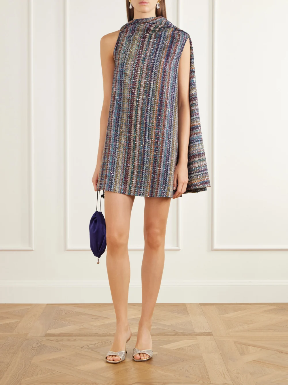 Missoni Sequin-embellished Striped Metallic Crochet-knit Mini Dress, worn by a model