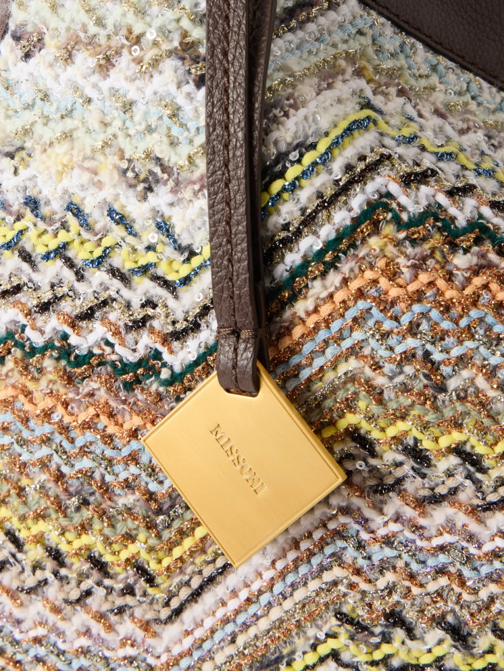 Close-up detail of the Missoni Sequined-embellished Striped Leather-trimmed Woven Shoulder Bag