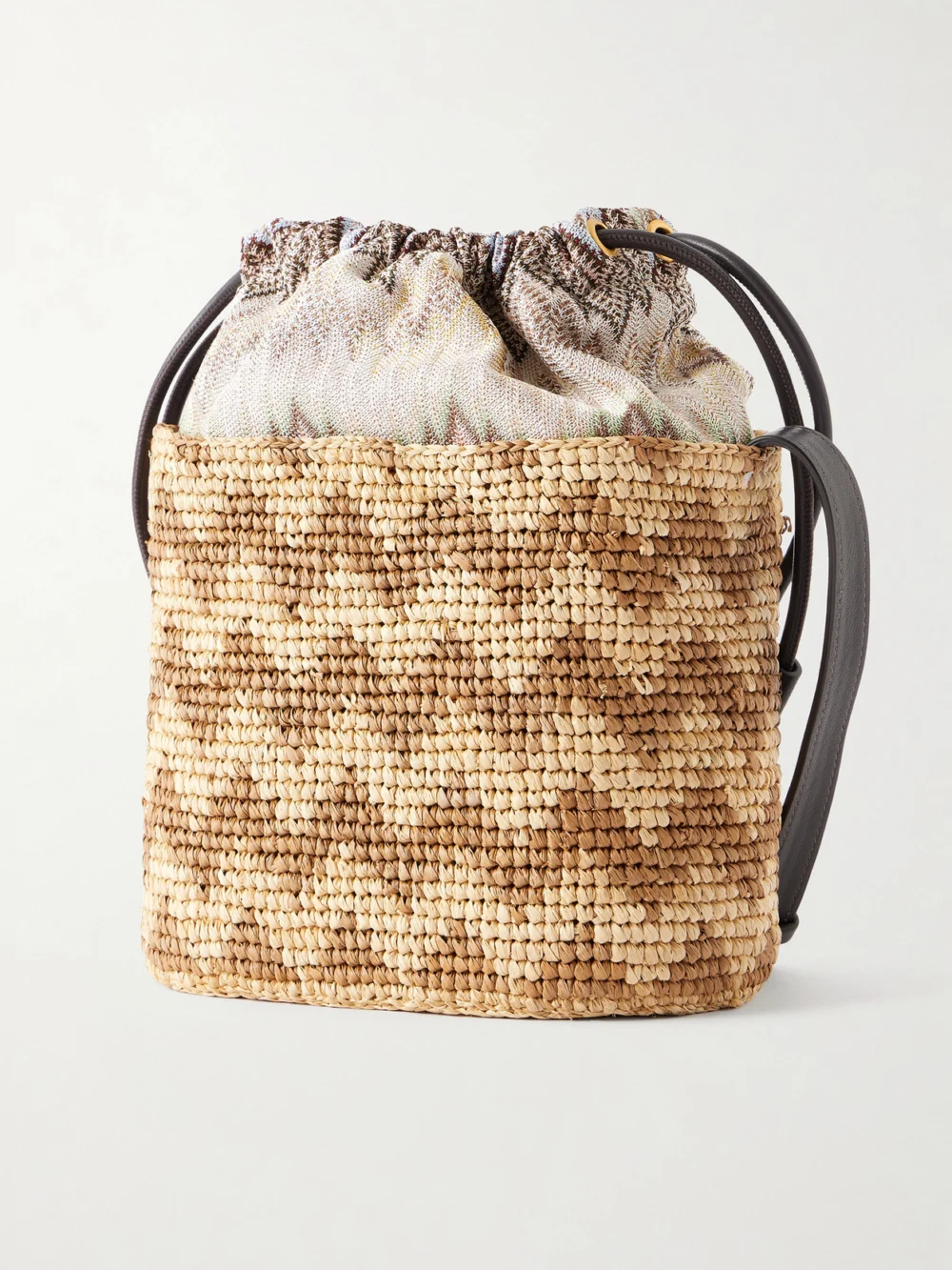 Back view of the Missoni Small Striped Leather-trimmed Raffia Bucket Bag