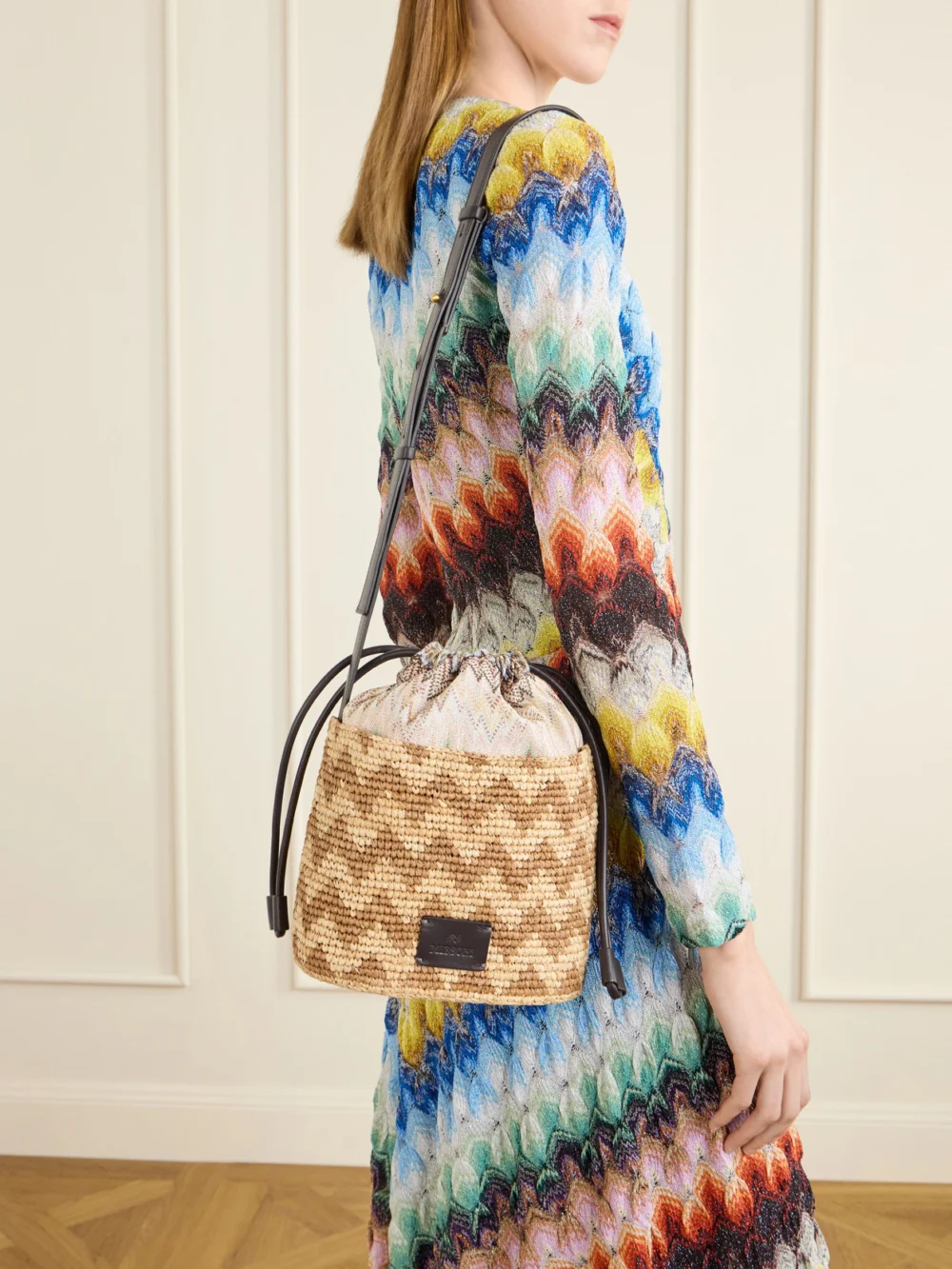 Close-up detail of the Missoni Small Striped Leather-trimmed Raffia Bucket Bag