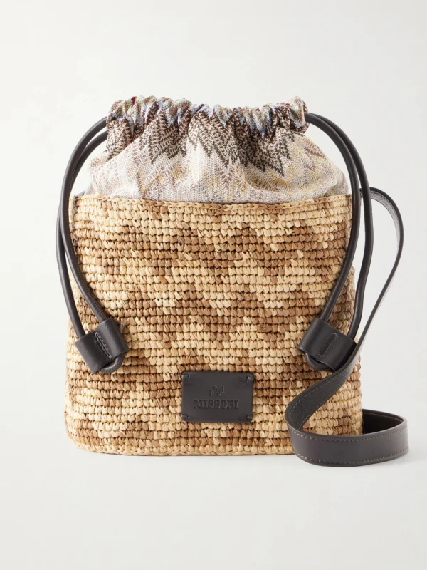 Missoni Small Striped Leather-trimmed Raffia Bucket Bag