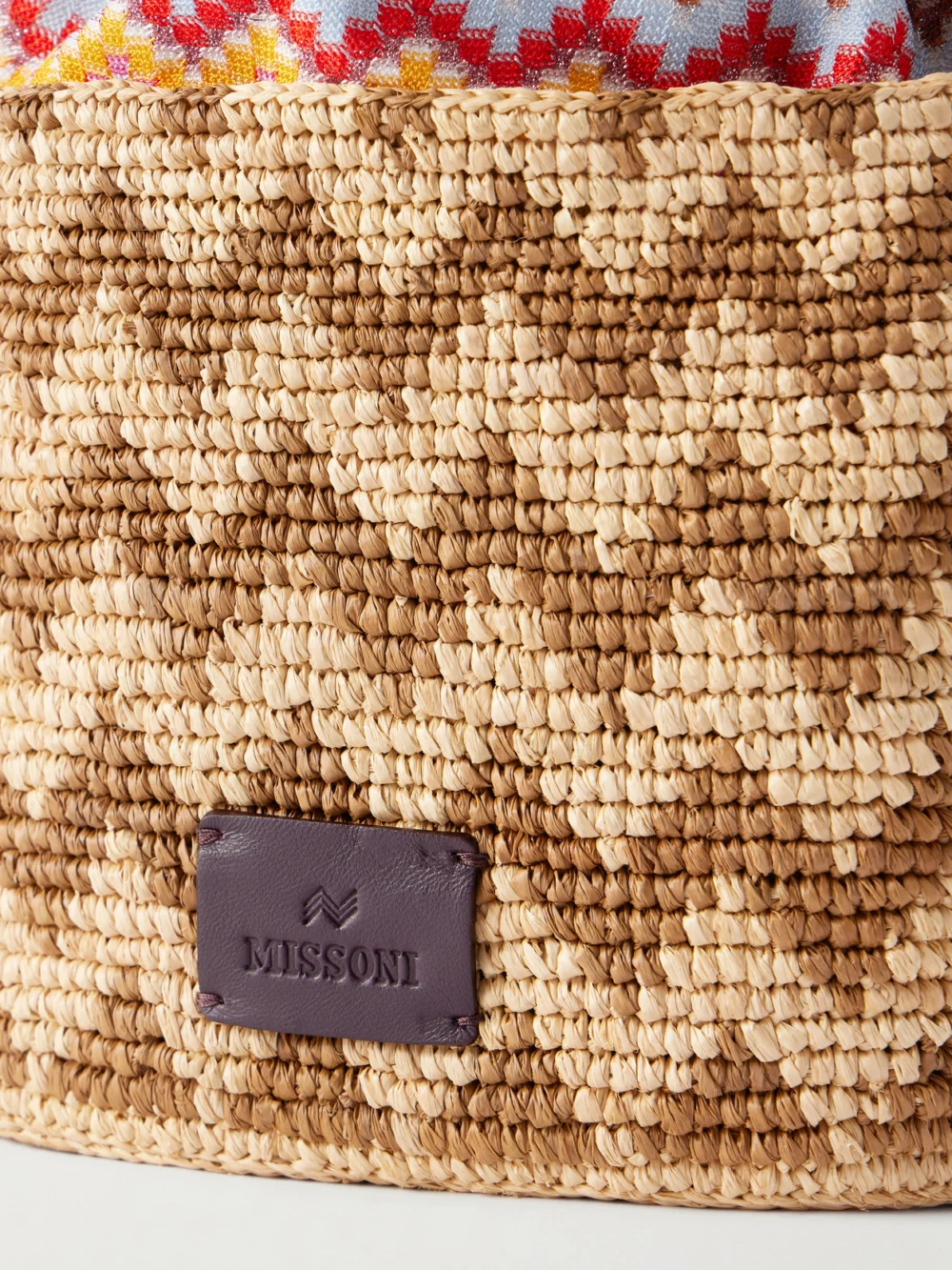 Close-up detail of the Missoni Small Striped Raffia Bucket Bag