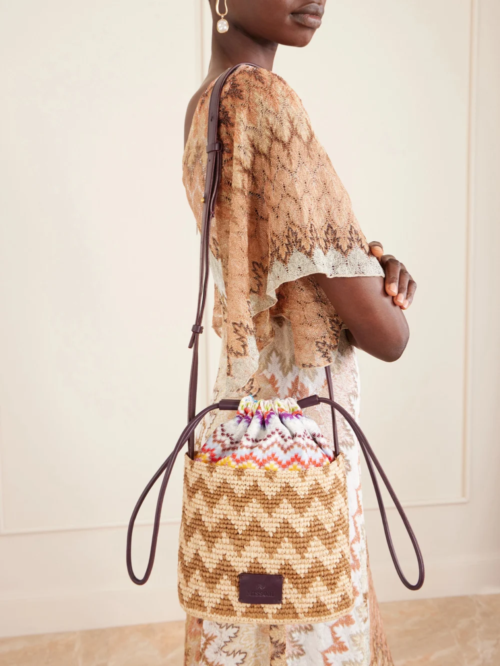 Missoni Small Striped Raffia Bucket Bag, styled view