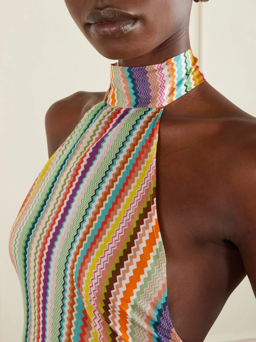 Close-up detail of the Missoni Striped Cotton and Silk-blend Crepe De Chine Halterneck Top