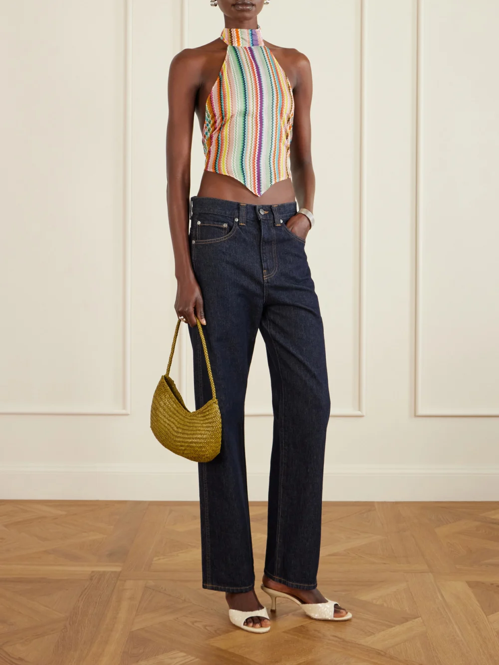 Missoni Striped Cotton and Silk-blend Crepe De Chine Halterneck Top, worn by a model