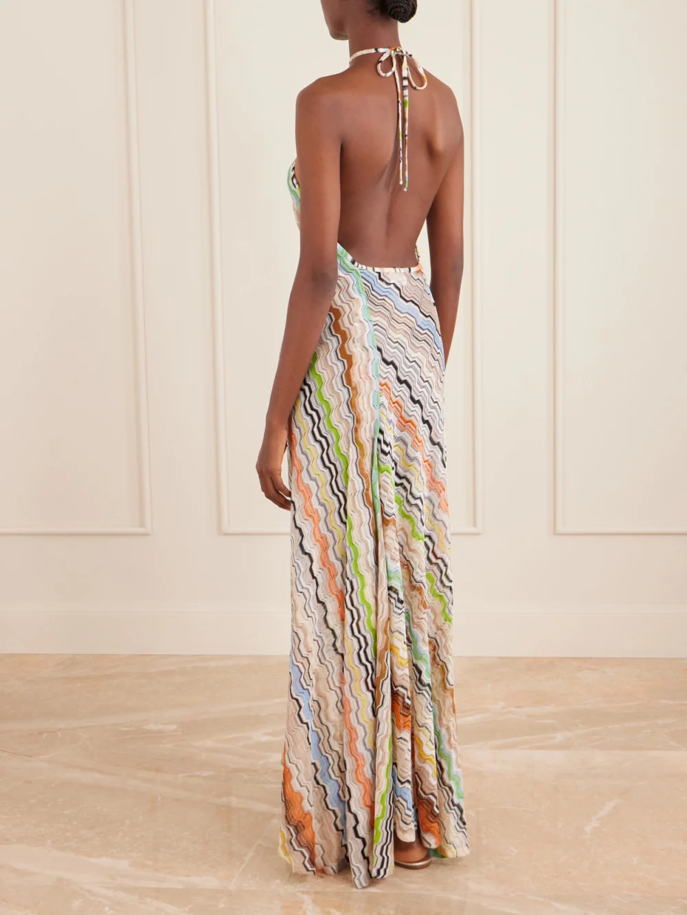 Back view of the Missoni Striped Crochet-knit Halterneck Maxi Dress