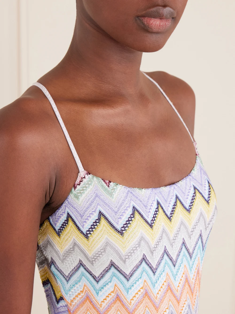 Close-up detail of the Missoni Striped Crochet-knit Swimsuit