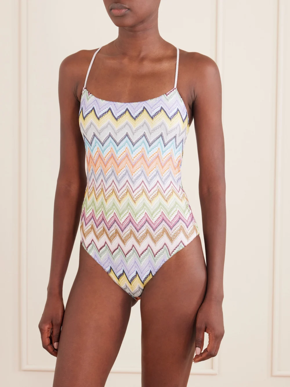Missoni Striped Crochet-knit Swimsuit, worn by a model
