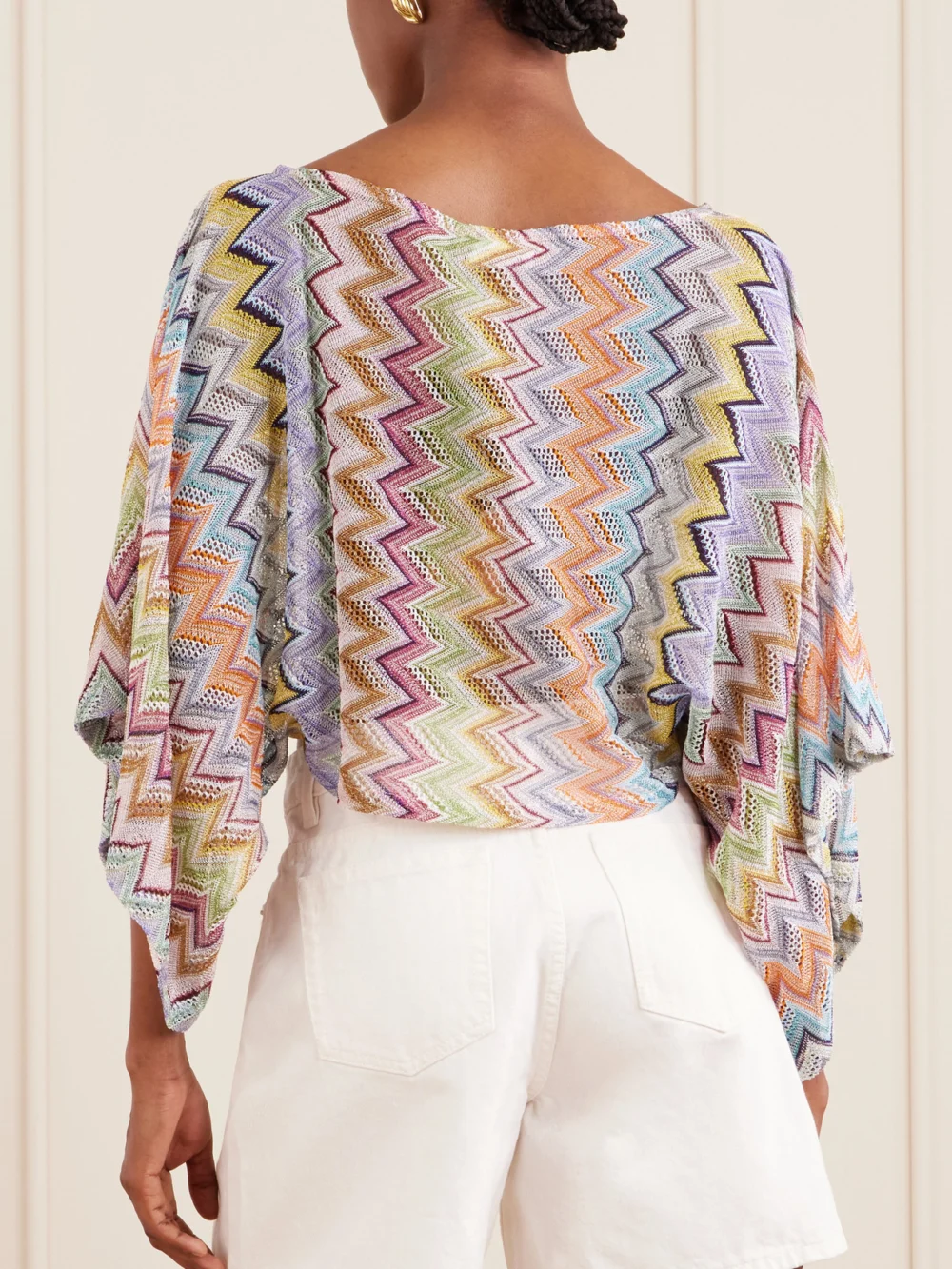 Back view of the Missoni Striped Cropped Metallic Crochet-knit Top
