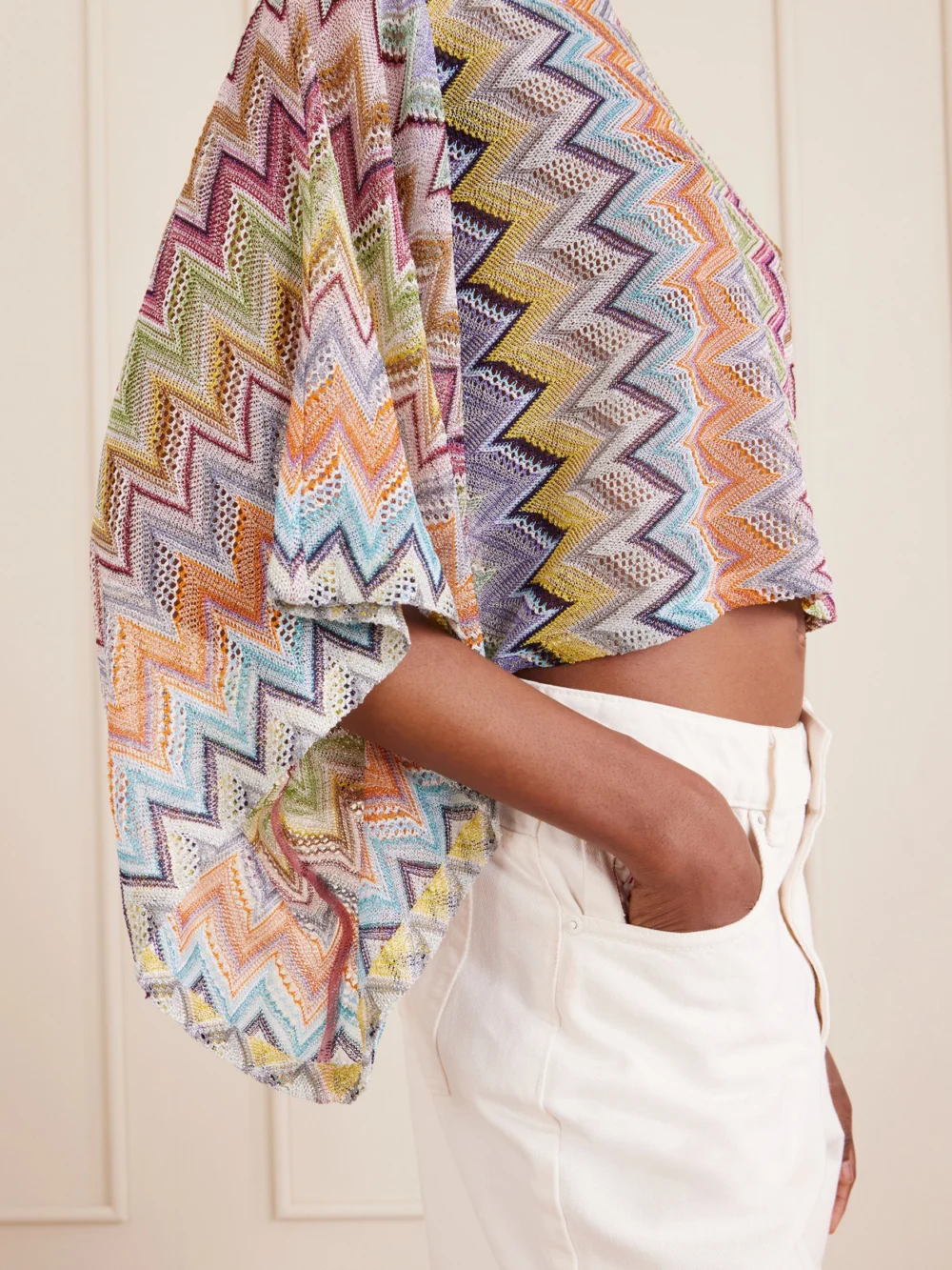Close-up detail of the Missoni Striped Cropped Metallic Crochet-knit Top