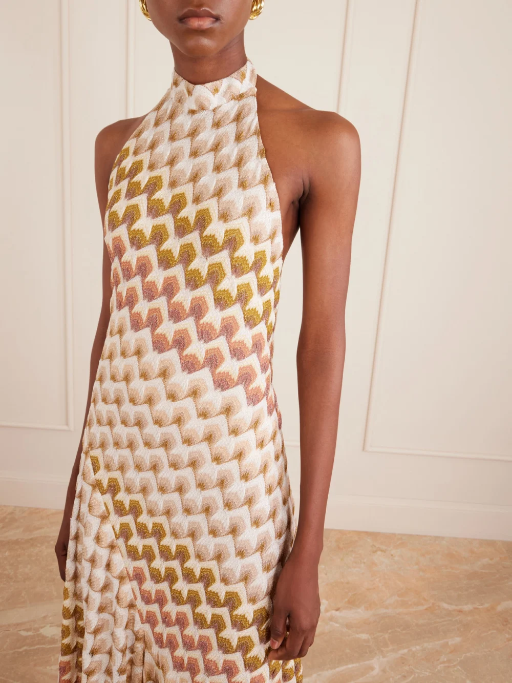 Close-up detail of the Missoni Striped Metallic Crochet-knit Halterneck Maxi Dress