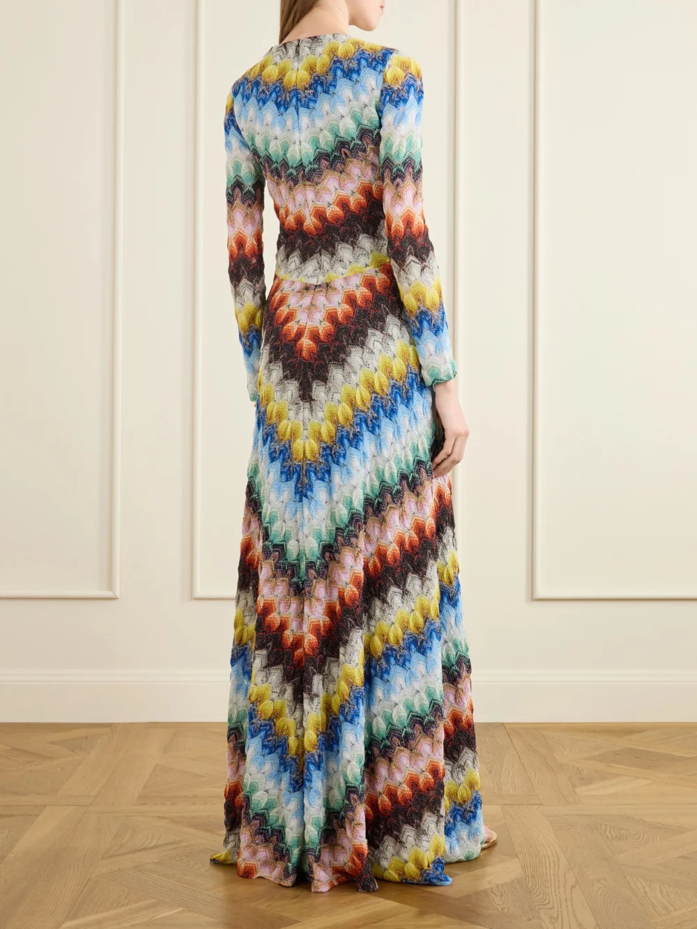 Back view of the Missoni Striped Metallic Crochet-knit Maxi Dress
