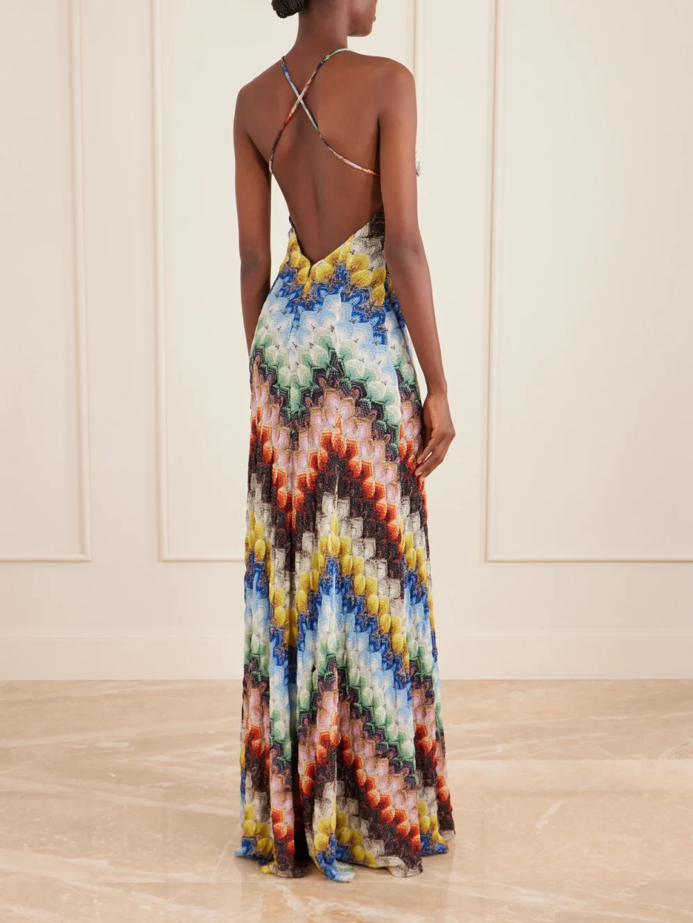 Back view of the Missoni Striped Metallic Crochet-knit Maxi Dress