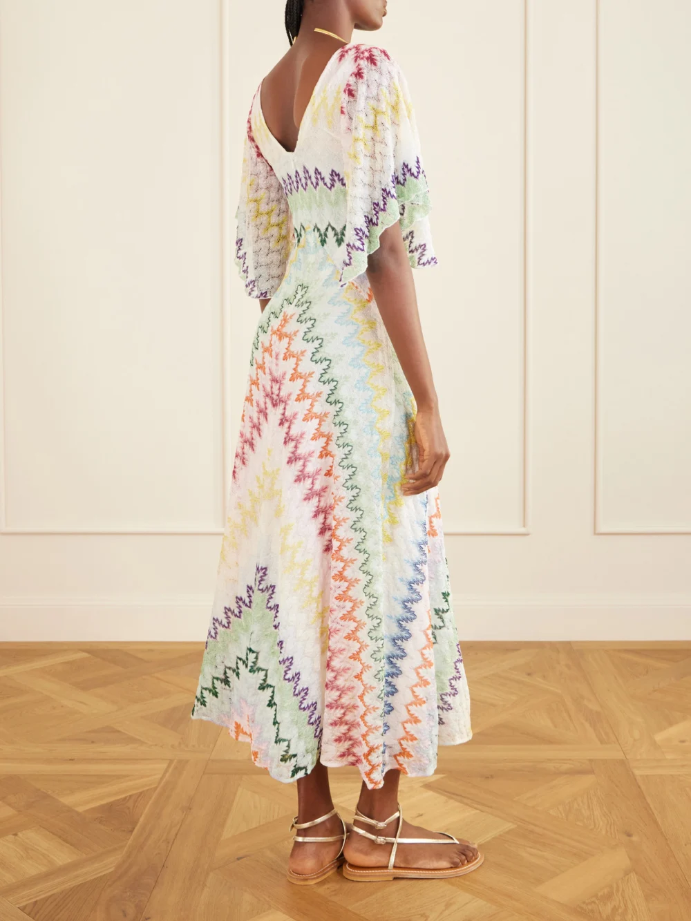 Back view of the Missoni Striped Metallic Crochet-knit Maxi Dress