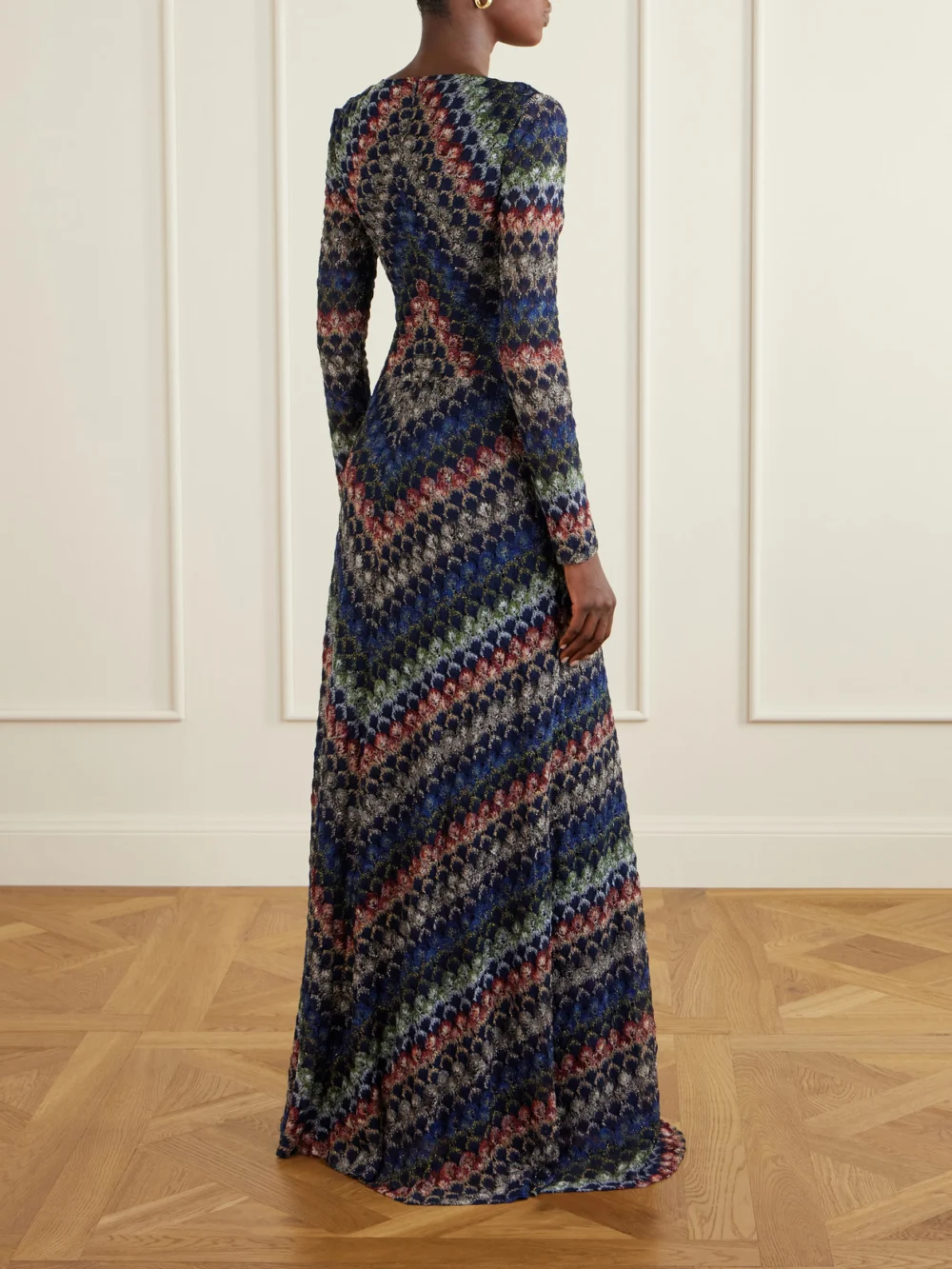 Back view of the Missoni Striped Metallic Crochet-knit Midi Dress