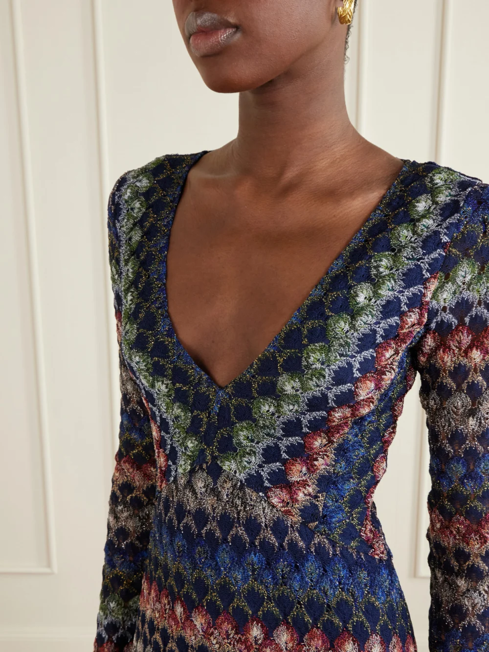Close-up detail of the Missoni Striped Metallic Crochet-knit Midi Dress