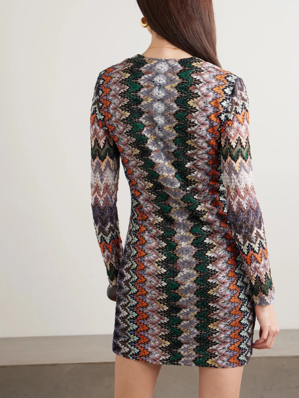 Back view of the Missoni Striped Metallic Crochet-knit Mini Dress