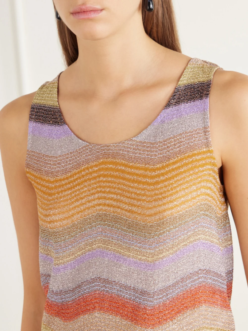 Close-up detail of the Missoni Striped Metallic Crochet-knit Tank Top