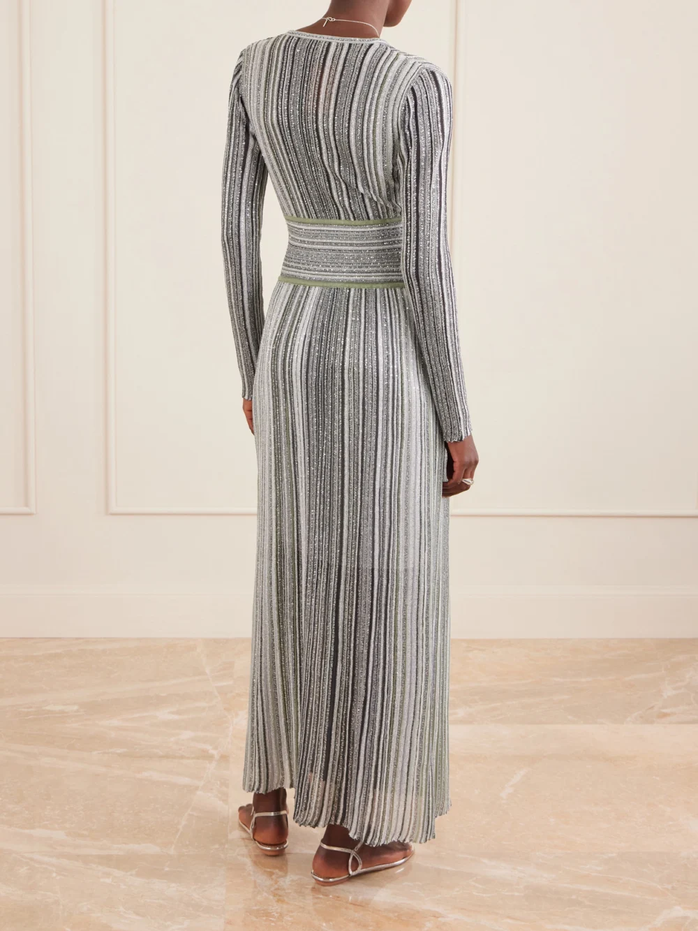 Back view of the Missoni Striped Sequin-embellished Metalic Crochet-knit Maxi Dress