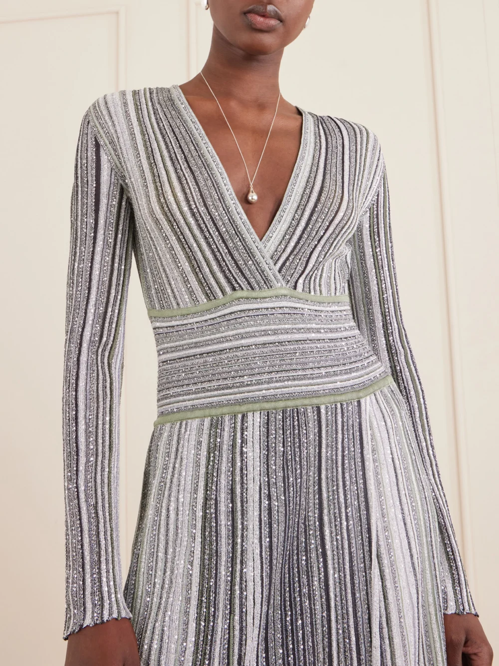 Close-up detail of the Missoni Striped Sequin-embellished Metalic Crochet-knit Maxi Dress