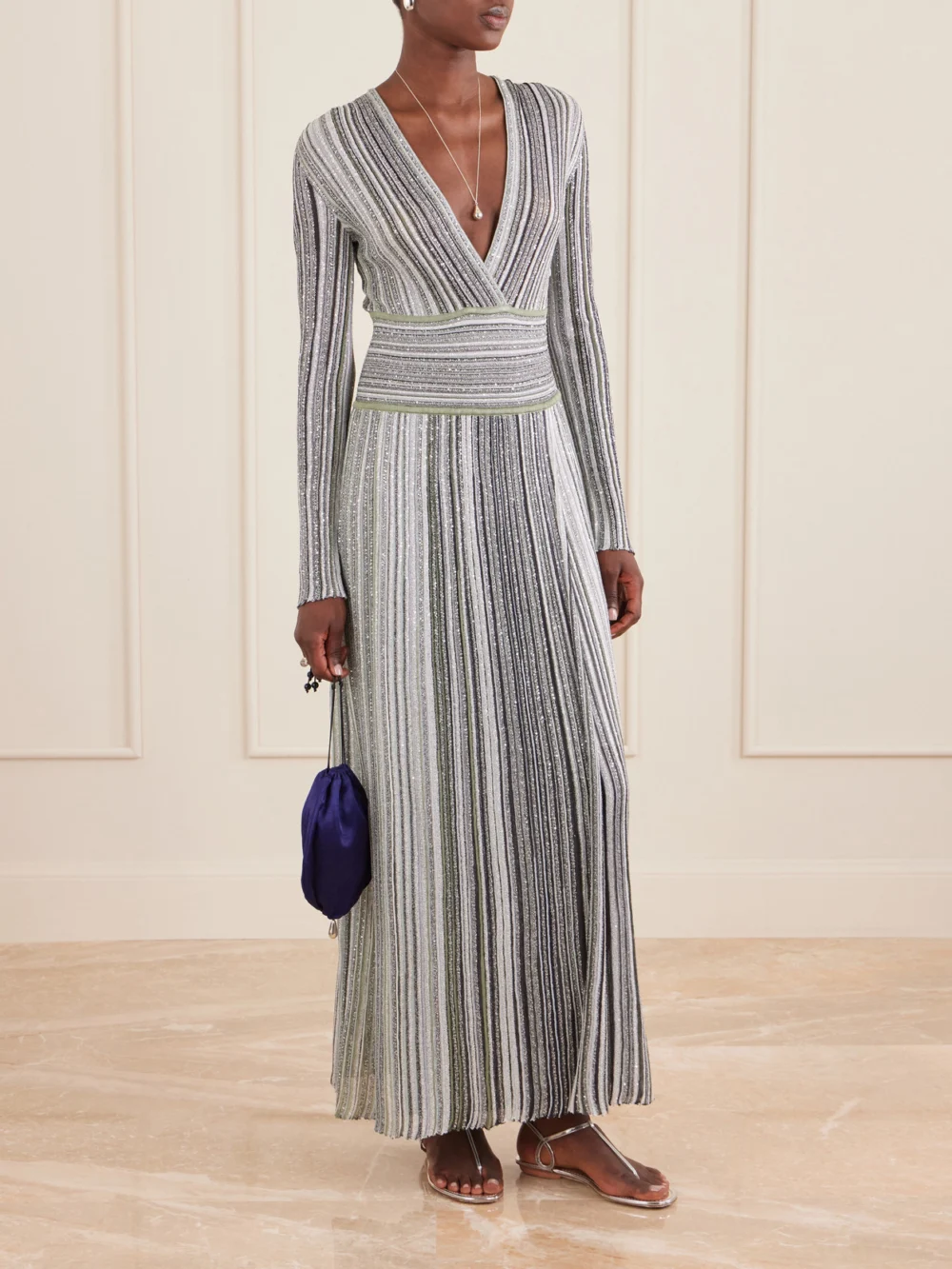 Missoni Striped Sequin-embellished Metalic Crochet-knit Maxi Dress, worn by a model