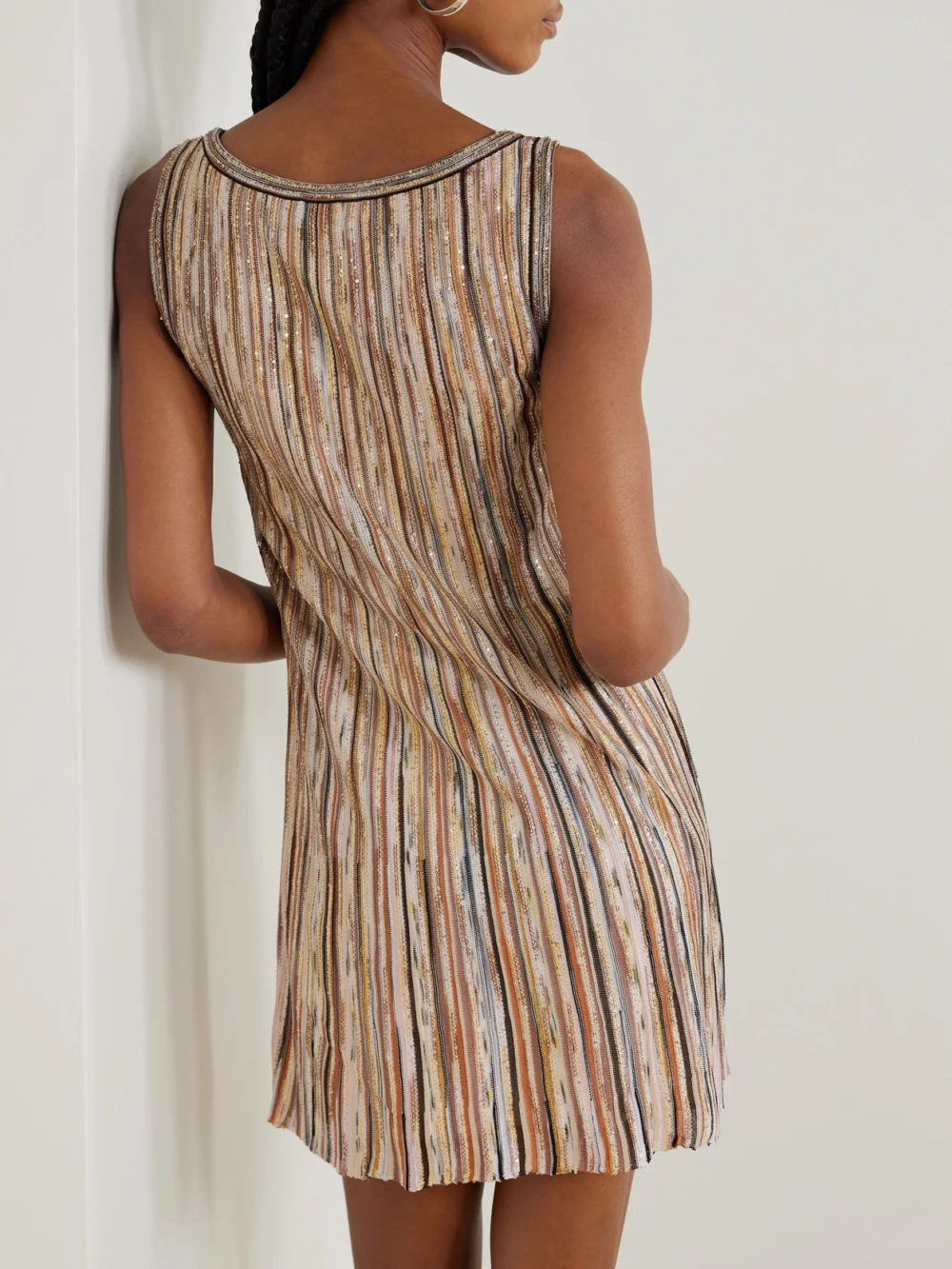 Back view of the Missoni Striped Sequined Metallic Ribbed-knit Mini Dress