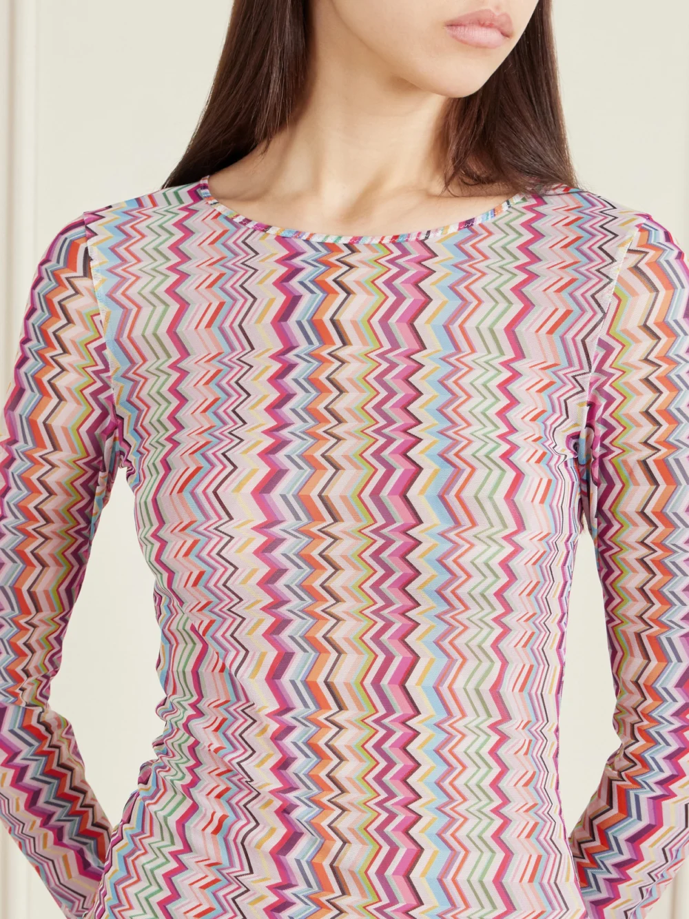 Close-up detail of the Missoni Striped Stretch-jersey Mini Dress
