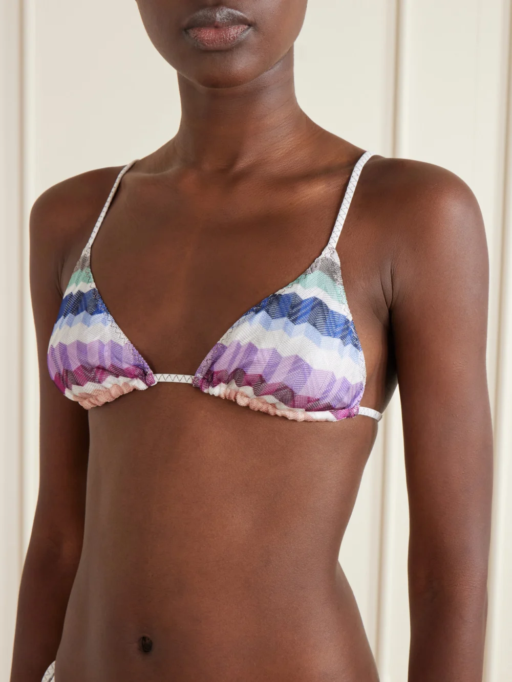 Close-up detail of the Missoni Striped Tasseled Crochet-knit Bikini