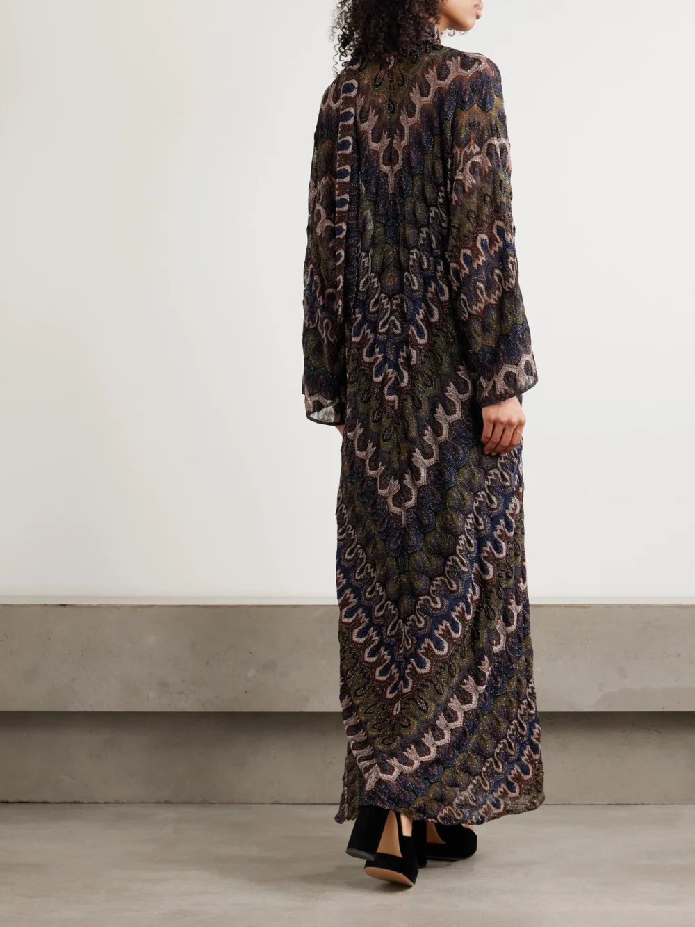 Back view of the Missoni Tie-detailed Striped Metallic Crochet-knit Dress