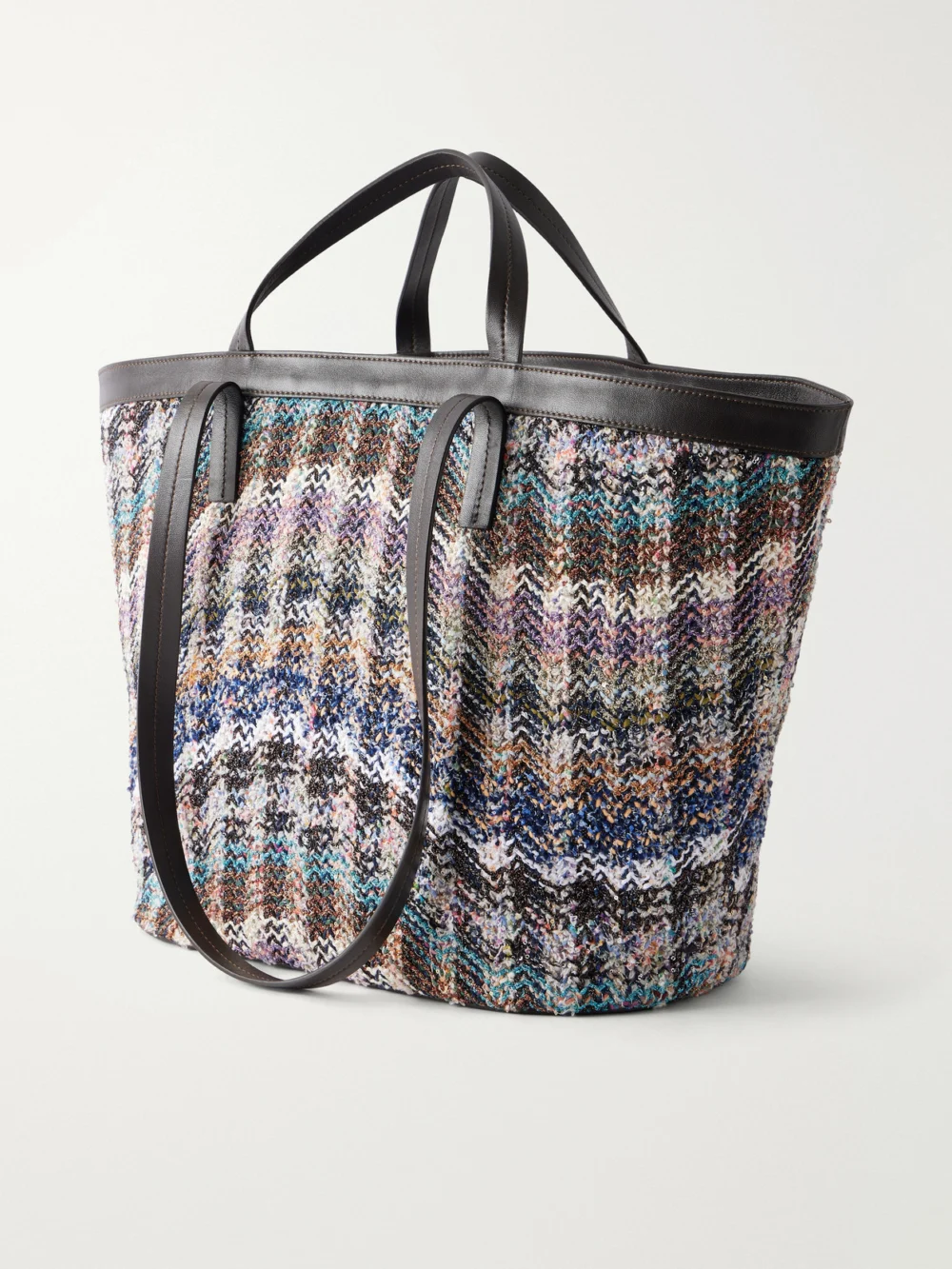 Back view of the Missoni Trapezoid Medium Leather-trimmed Metallic Crochet-knit Tote