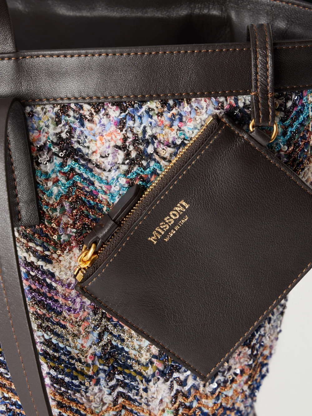 Close-up detail of the Missoni Trapezoid Medium Leather-trimmed Metallic Crochet-knit Tote