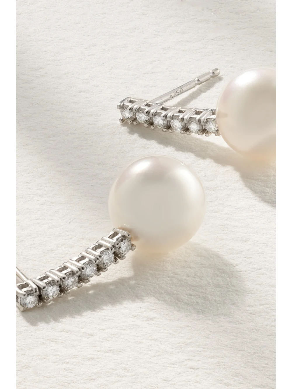Close-up detail of the Mizuki 18-karat White Gold, Pearl and Diamond Earrings