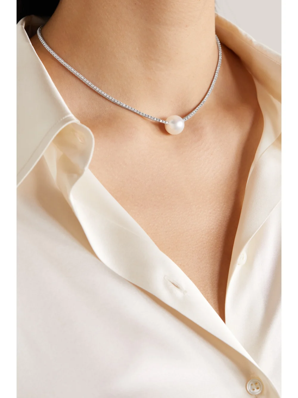 Mizuki Eve 18-karat White Gold, Pearl and Diamond Necklace, styled view