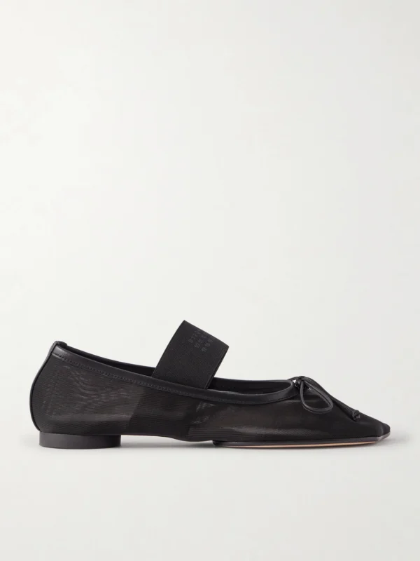 MM6 Maison Margiela Bow-detailed Leather-trimmed Mesh Ballet Flats