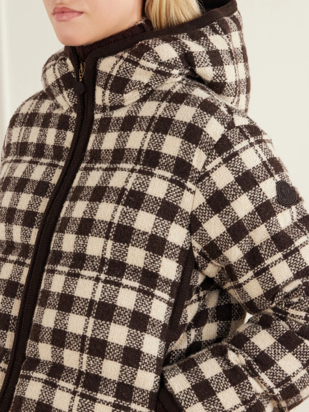 Close-up detail of the Moncler Abstraction Checked Wool-blend Down Jacket