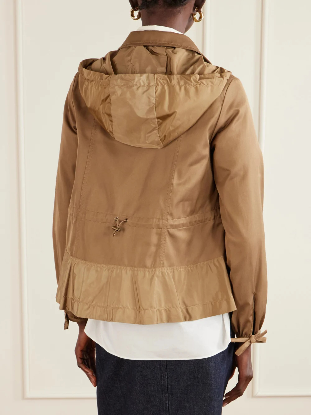 Back view of the Moncler Adenium Cropped Hooded Shell-paneled Gabardine Jacket