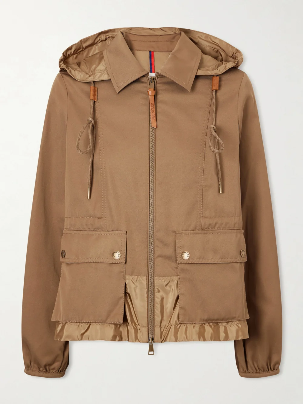Moncler Adenium Cropped Hooded Shell-paneled Gabardine Jacket in brown