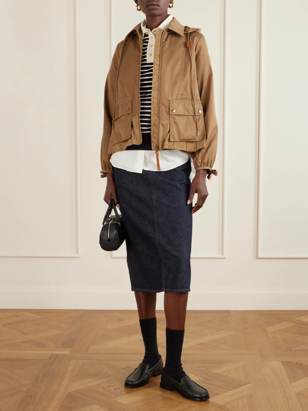 Moncler Adenium Cropped Hooded Shell-paneled Gabardine Jacket, worn by a model