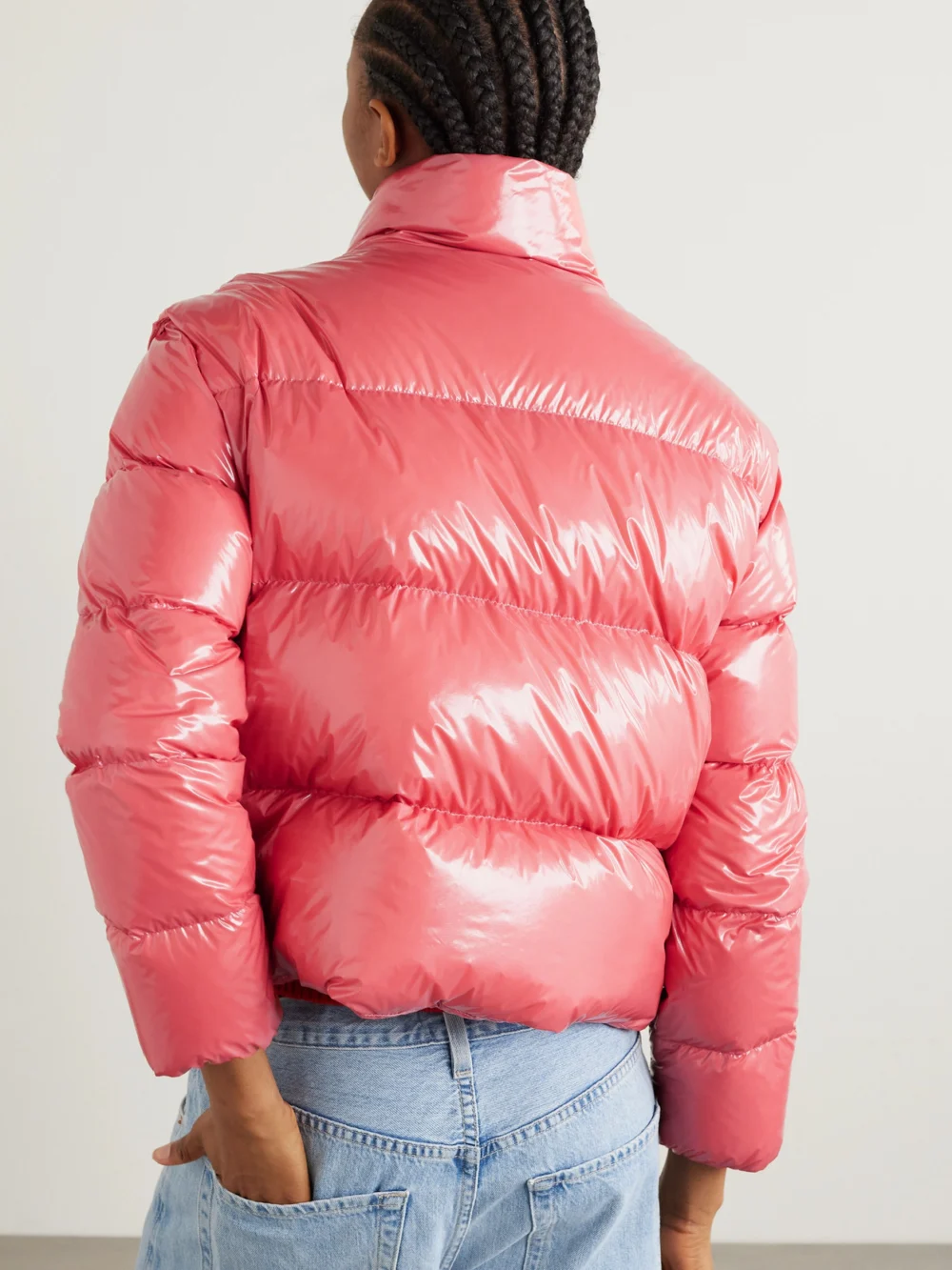 Back view of the Moncler Almo Convertible Appliquéd Quilted Glossed-shell Down Jacket