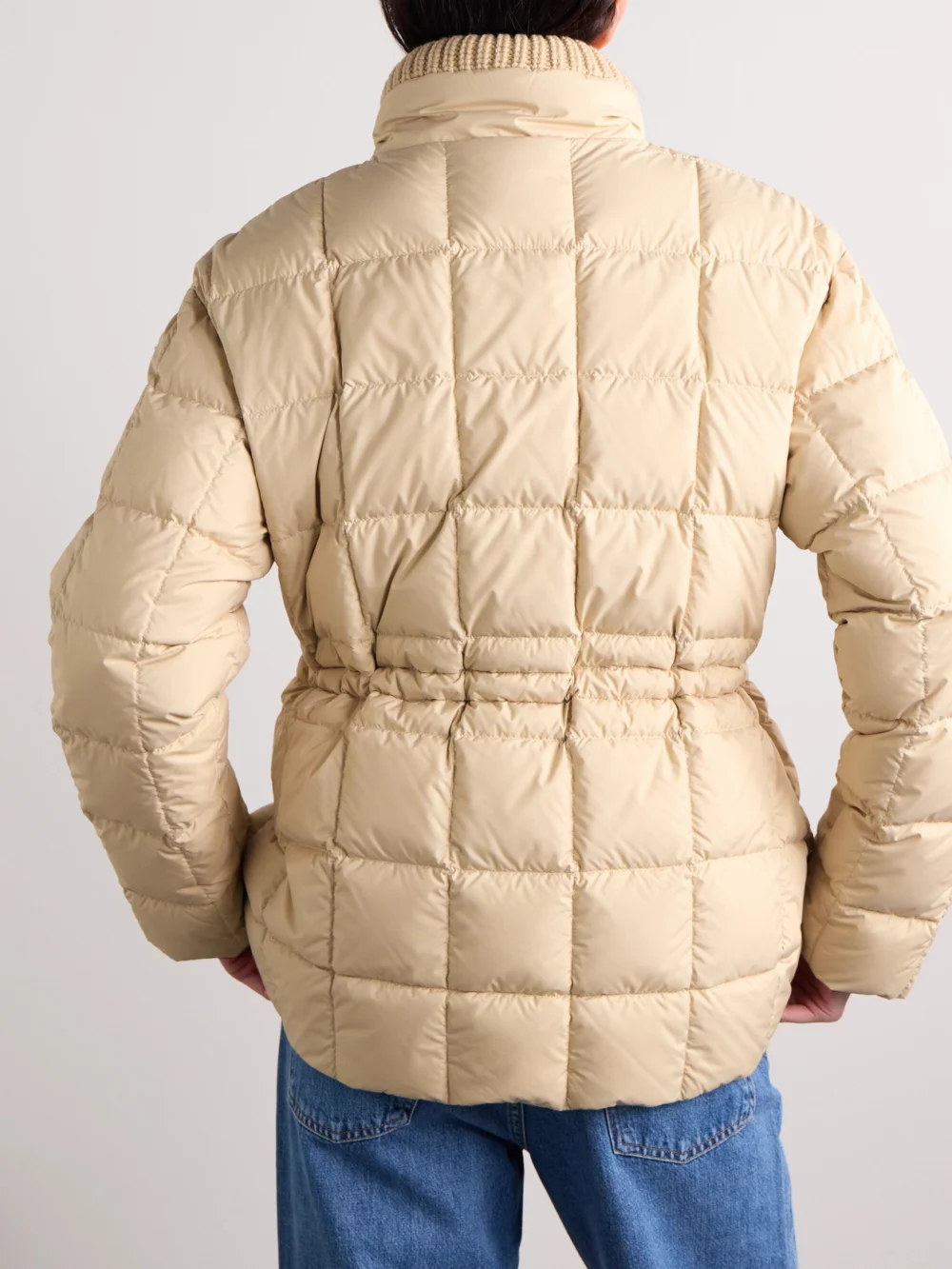 Back view of the Moncler Antigone Ribbed-knit and Leather-trimmed Padded Quilted Shell Down Jacket