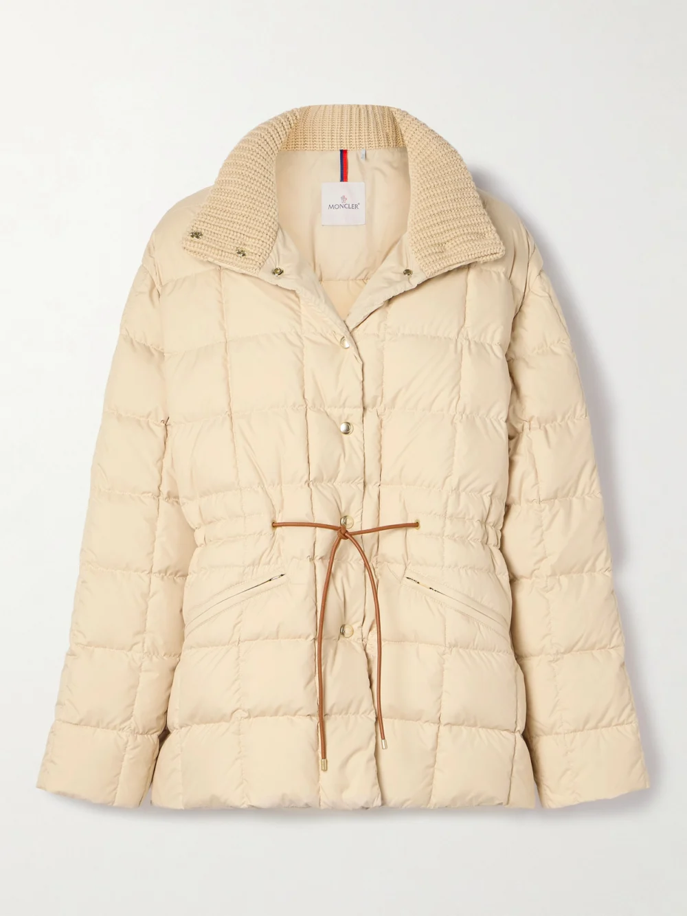 Moncler Antigone Ribbed-knit and Leather-trimmed Padded Quilted Shell Down Jacket in cream
