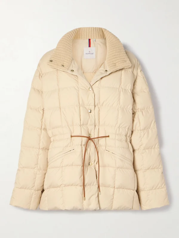 Moncler Antigone Ribbed-knit and Leather-trimmed Padded Quilted Shell Down Jacket