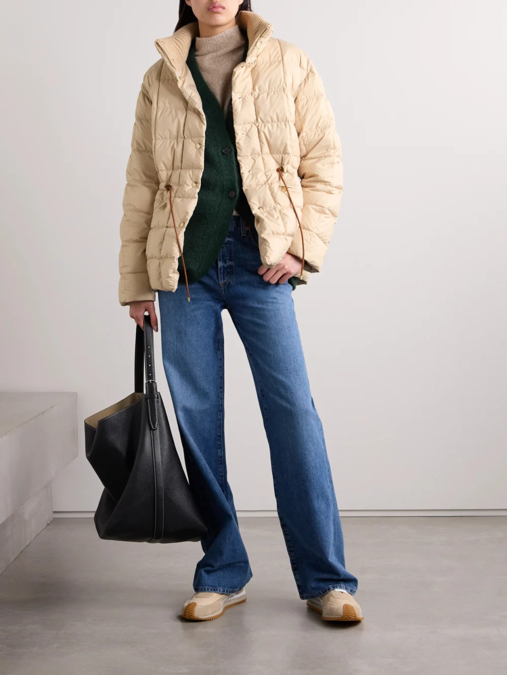 Moncler Antigone Ribbed-knit and Leather-trimmed Padded Quilted Shell Down Jacket, worn by a model