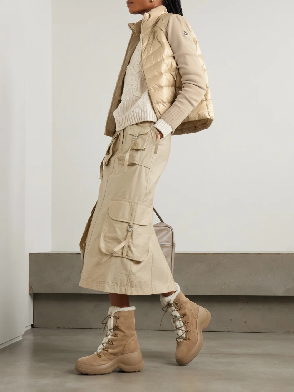 Moncler Apliquéd Wool and Quilted Shell Down Cardigan, worn by a model
